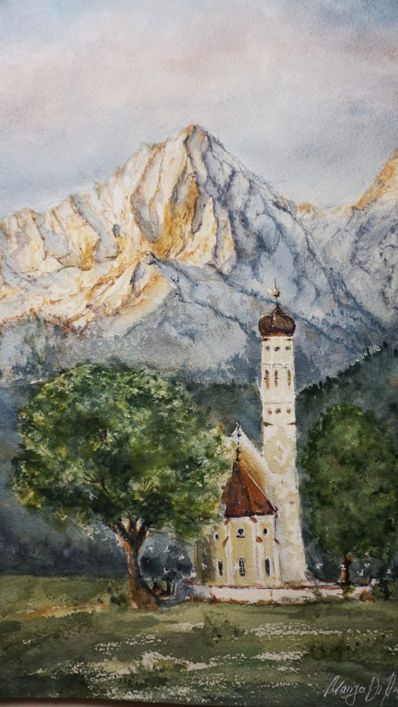 Aquarell Schloss Neuschwanstein Alpen Landschaft