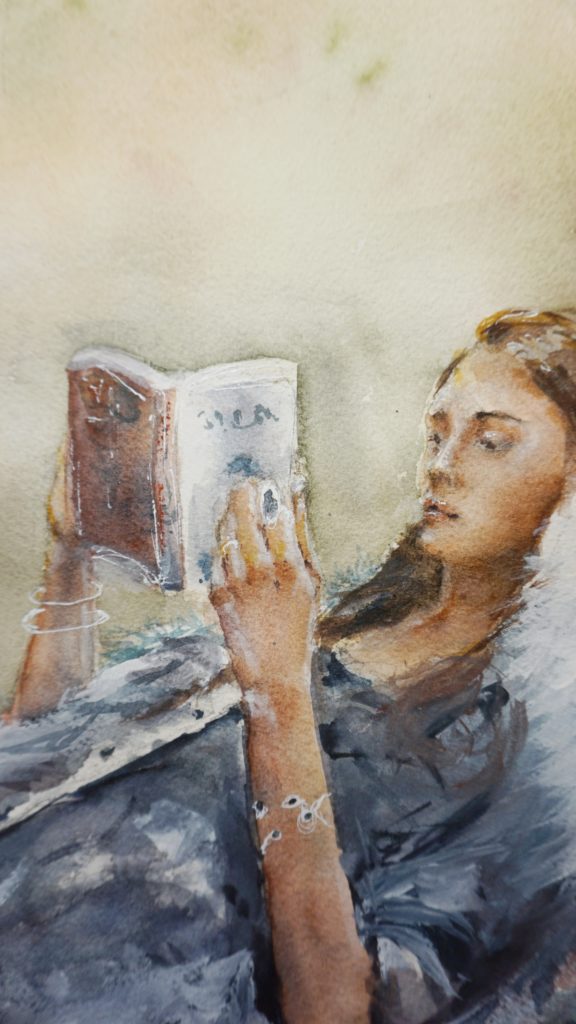 Aquarell  Portrait Frau mit Buch