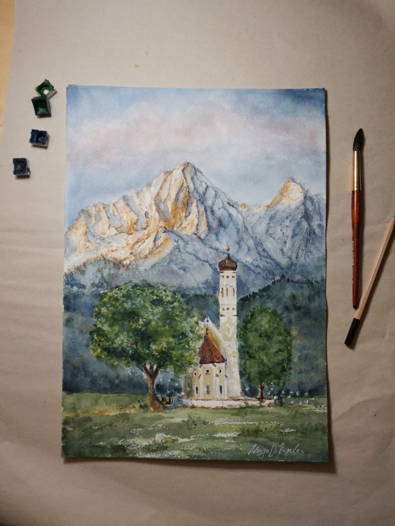 Aquarell Berge Lanschaftsmalerei Schloss Neuschwanstein