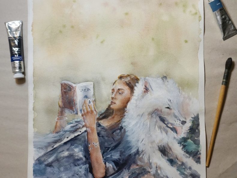 Aquarell Kunstwerk Frau liest Buch mit Hund auf einer Wiese
