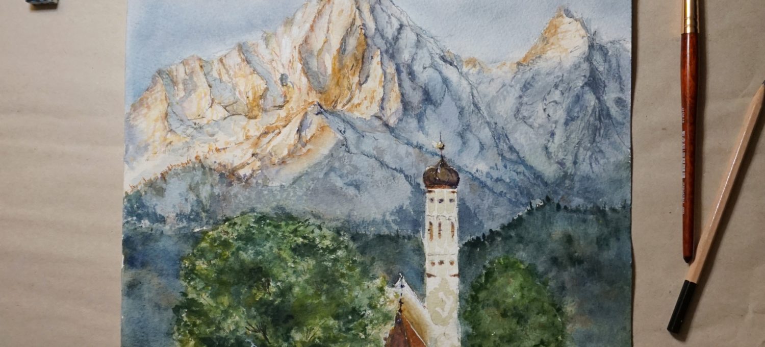 Aquarell Berge Lanschaftsmalerei Schloss Neuschwanstein