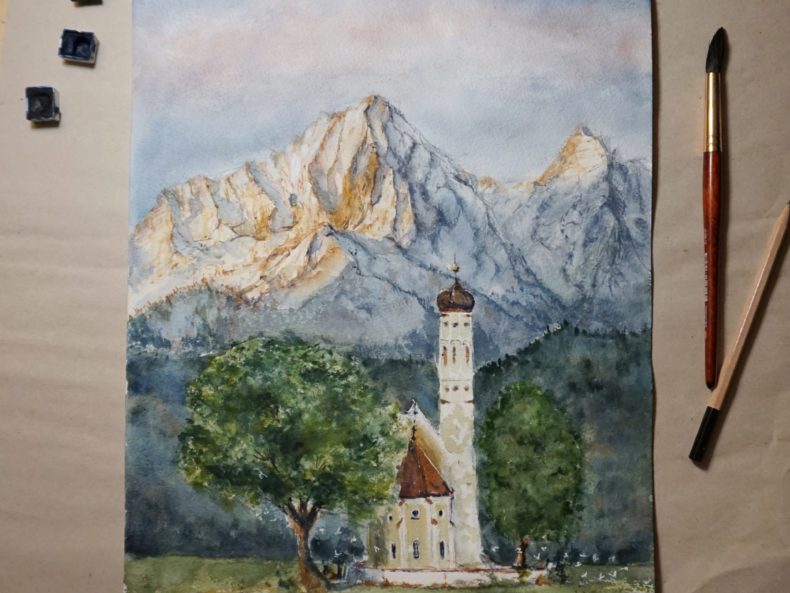 Aquarell Berge Lanschaftsmalerei Schloss Neuschwanstein